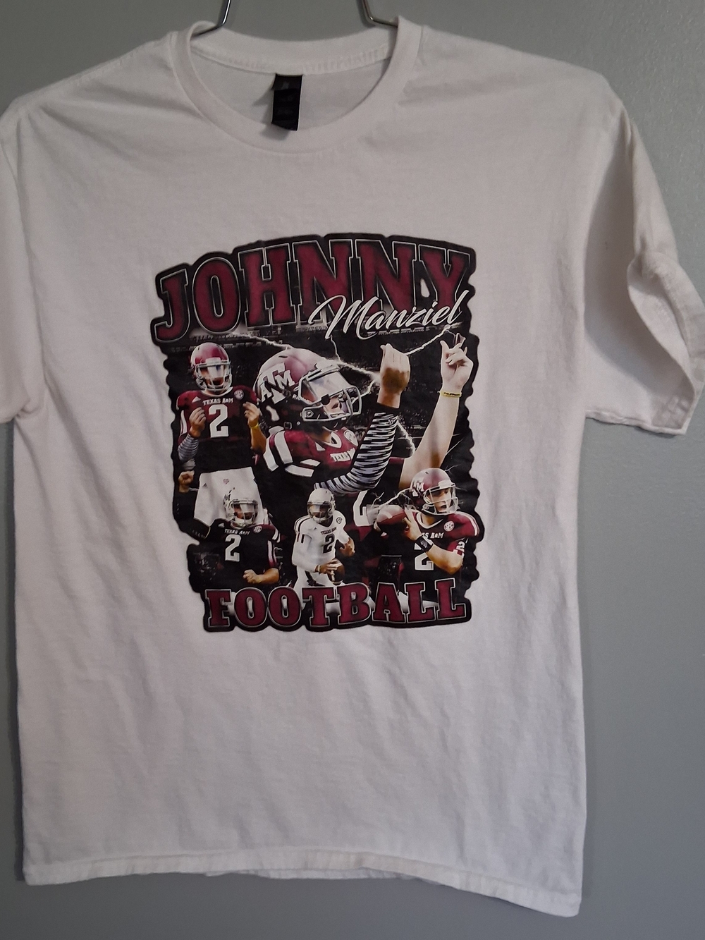 Gildan White Tee with Maroon Johnny Manziel Football Graphic